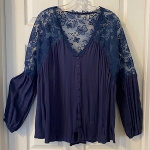 Women's Navy Lace Yoke Button-Front Blouse